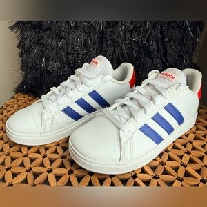 Adidas Grand Court Sneakers Sz 5 Big Boys or 7 Womens White/Royal Blue/Red